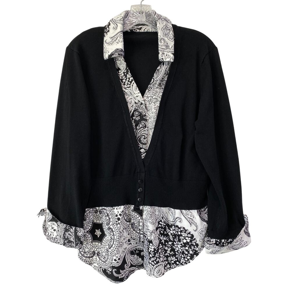 Y2K Layered 2 in 1 Button Up Floral Paisley Sweater Top Size L Preppy Retro Goth